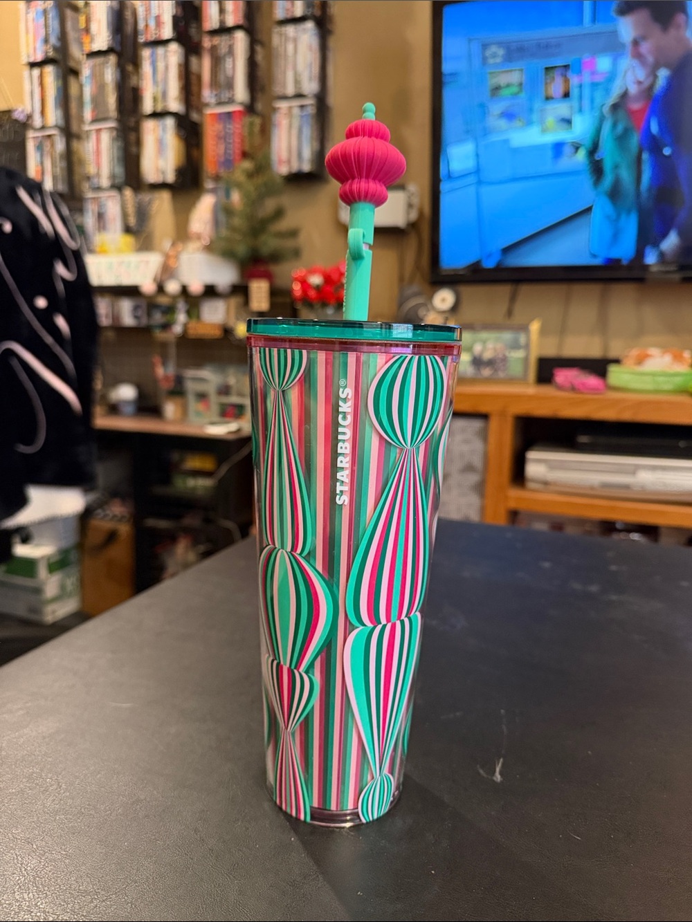 Starbucks Green and Pink Striped Christmas Tumbler with Christmas ornament